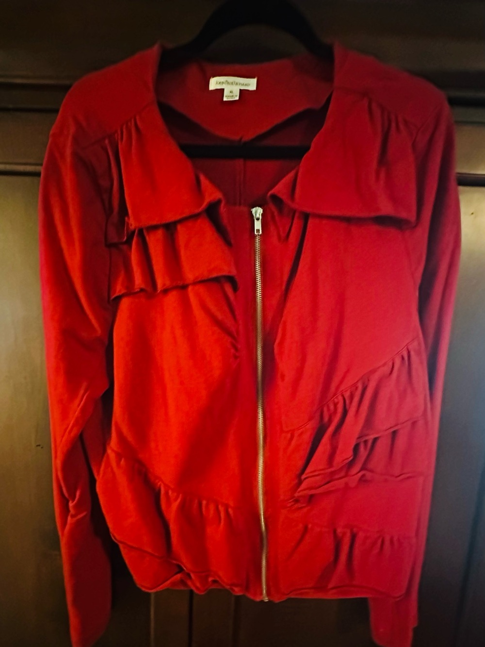 JohnPaulRichard Red Ruffle Zip-Front Bomber Jacket